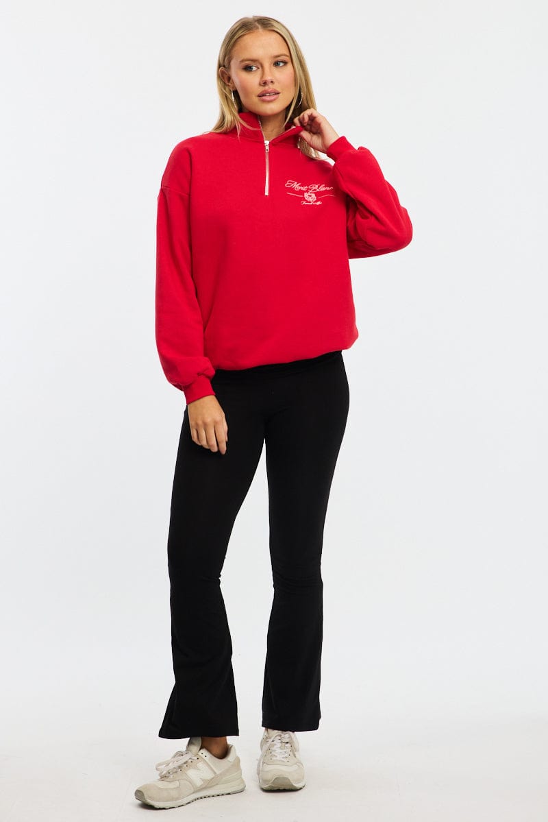 Red Zip Neck Sweater Oversized Ally Fashion - Technical View