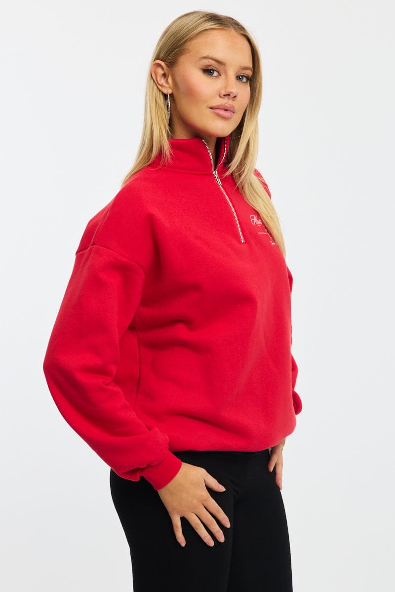 Red Zip Neck Sweater Oversized for Ally Fashion