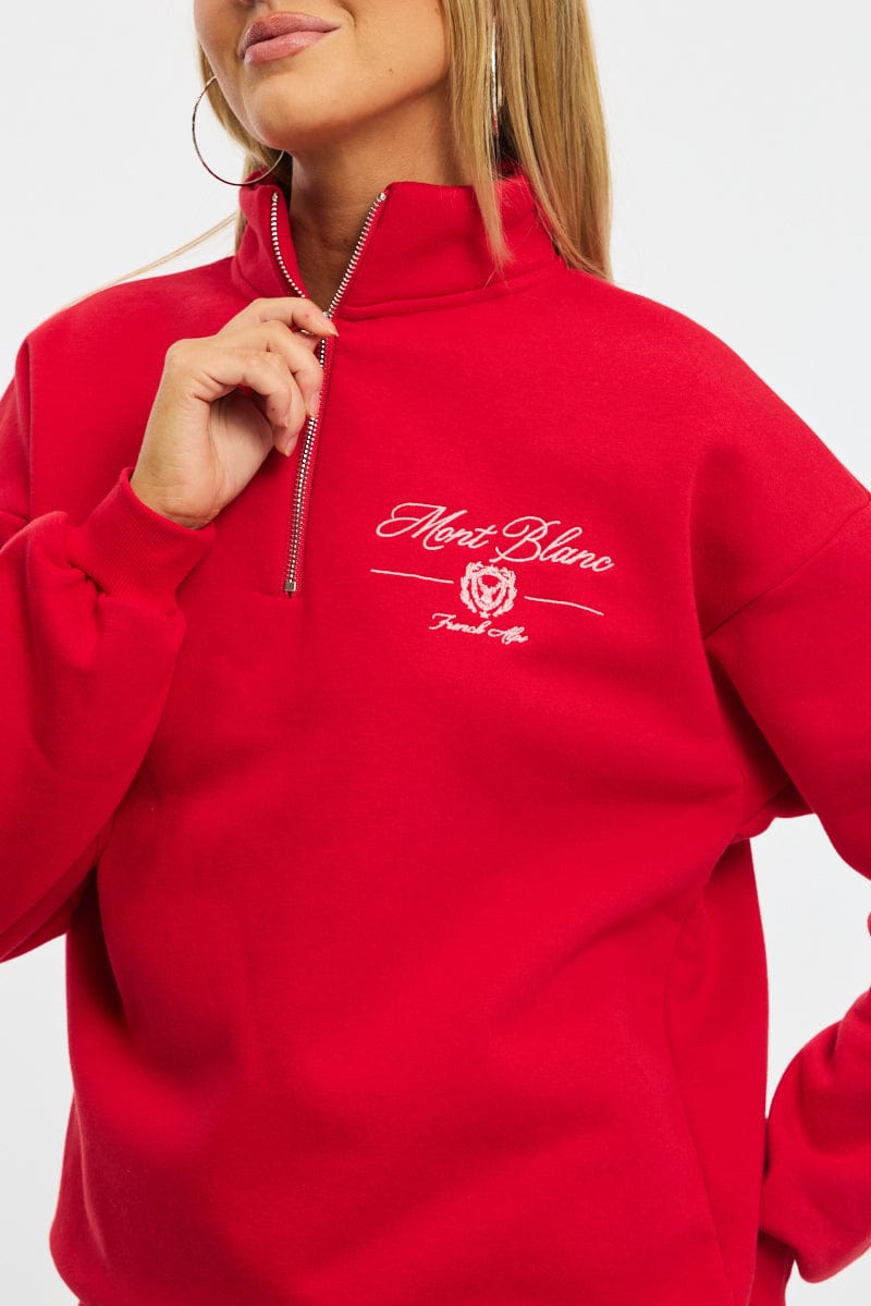Red Zip Neck Sweater Oversized for Ally Fashion