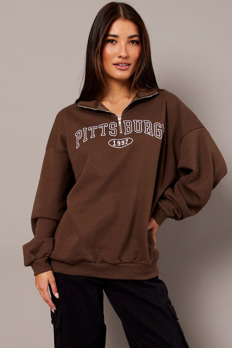 Brown Zip Neck Sweater Oversized for Ally Fashion