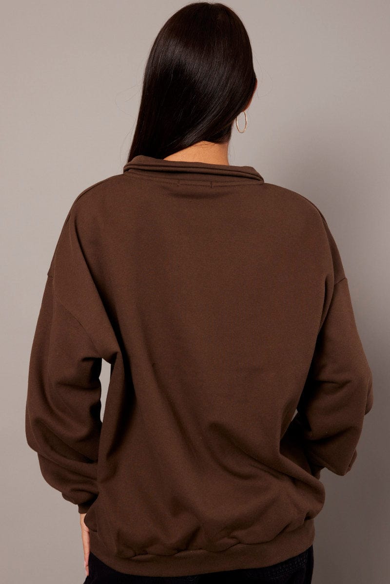 Brown Zip Neck Sweater Oversized for Ally Fashion