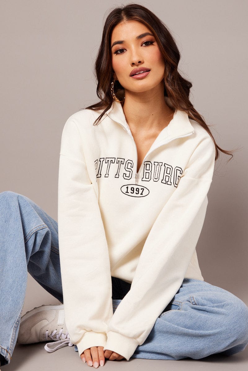 White Zip Neck Sweater Oversized for Ally Fashion