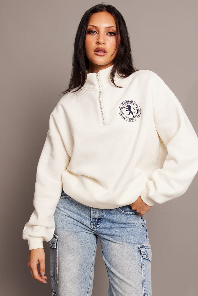 White Zip Sweater Funnel Neck Oversized for Ally Fashion