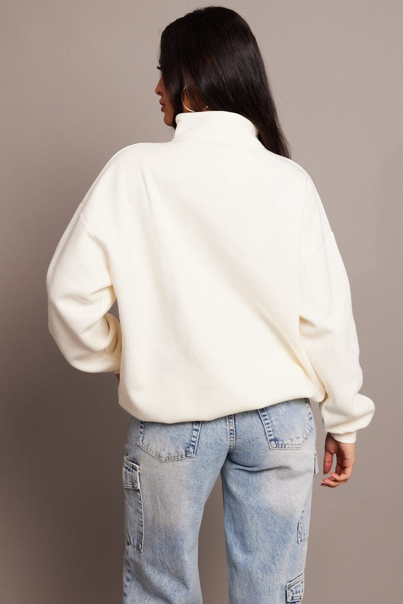 White Zip Sweater Funnel Neck Oversized for Ally Fashion