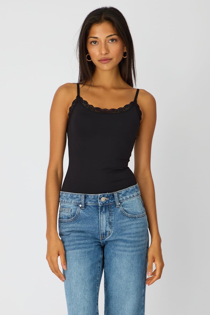 Black Supersoft Bodysuit Singlet Vneck Lace Trim for Ally Fashion