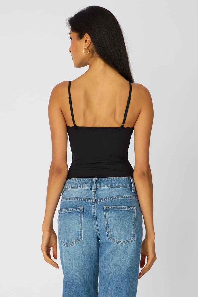 Black Supersoft Bodysuit Singlet Vneck Lace Trim for Ally Fashion