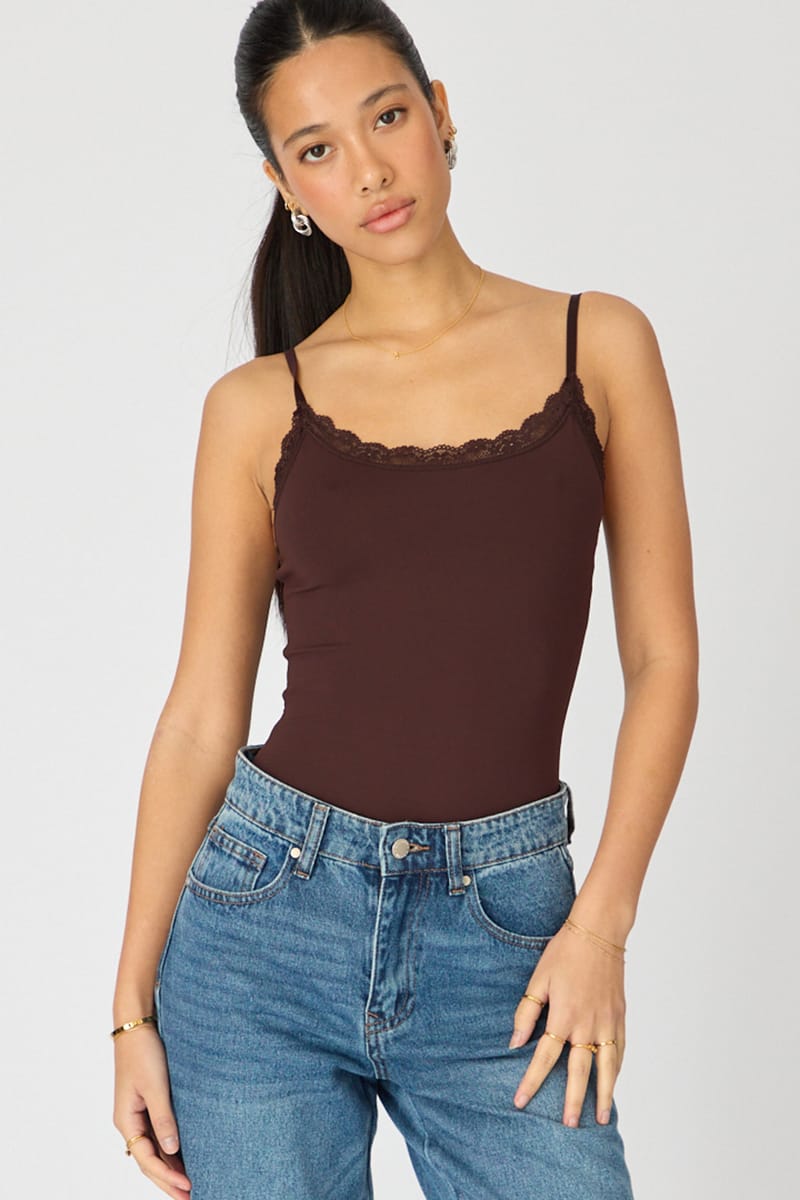 Brown Supersoft Bodysuit Singlet Vneck Lace Trim for Ally Fashion