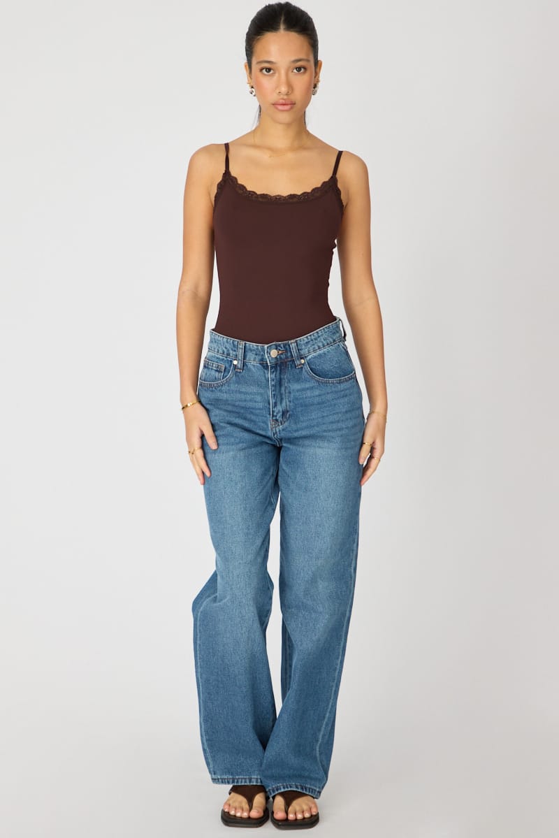 Brown Supersoft Bodysuit Singlet Vneck Lace Trim for Ally Fashion