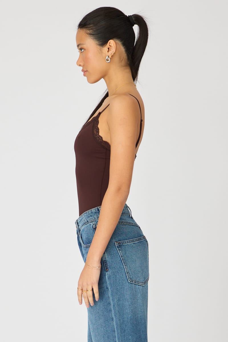 Brown Supersoft Bodysuit Singlet Vneck Lace Trim for Ally Fashion