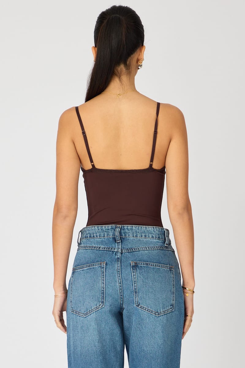 Brown Supersoft Bodysuit Singlet Vneck Lace Trim for Ally Fashion