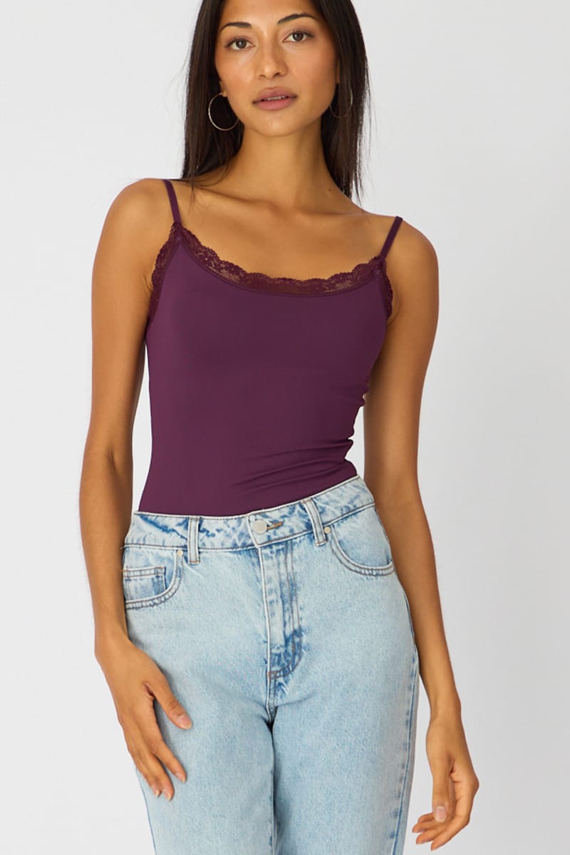 Purple Supersoft Bodysuit Singlet Vneck Lace Trim for Ally Fashion