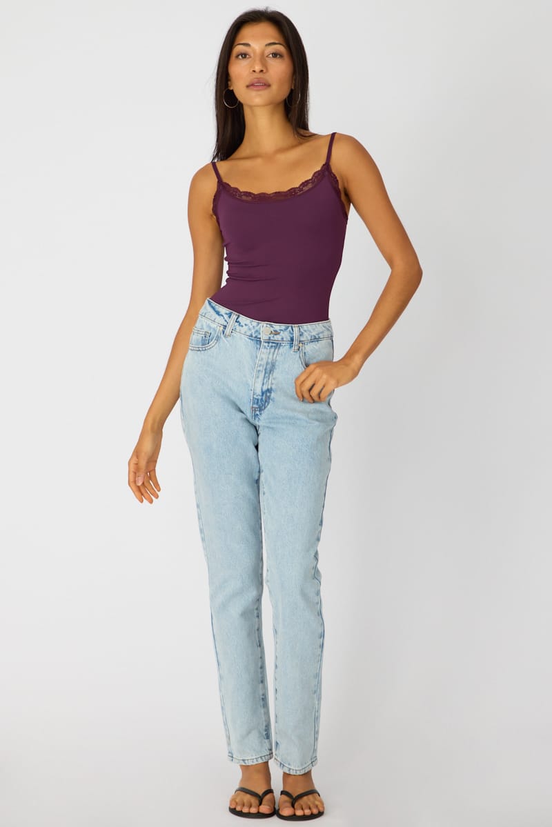 Purple Supersoft Bodysuit Singlet Vneck Lace Trim for Ally Fashion