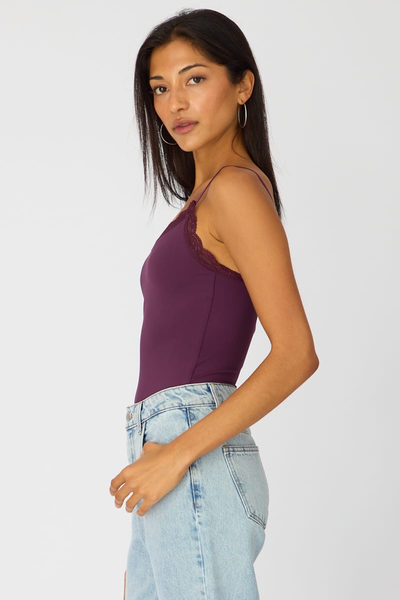 Purple Supersoft Bodysuit Singlet Vneck Lace Trim for Ally Fashion