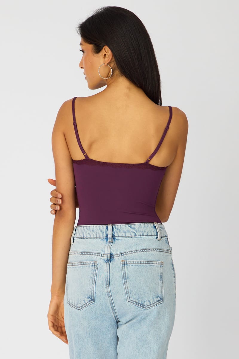 Purple Supersoft Bodysuit Singlet Vneck Lace Trim for Ally Fashion