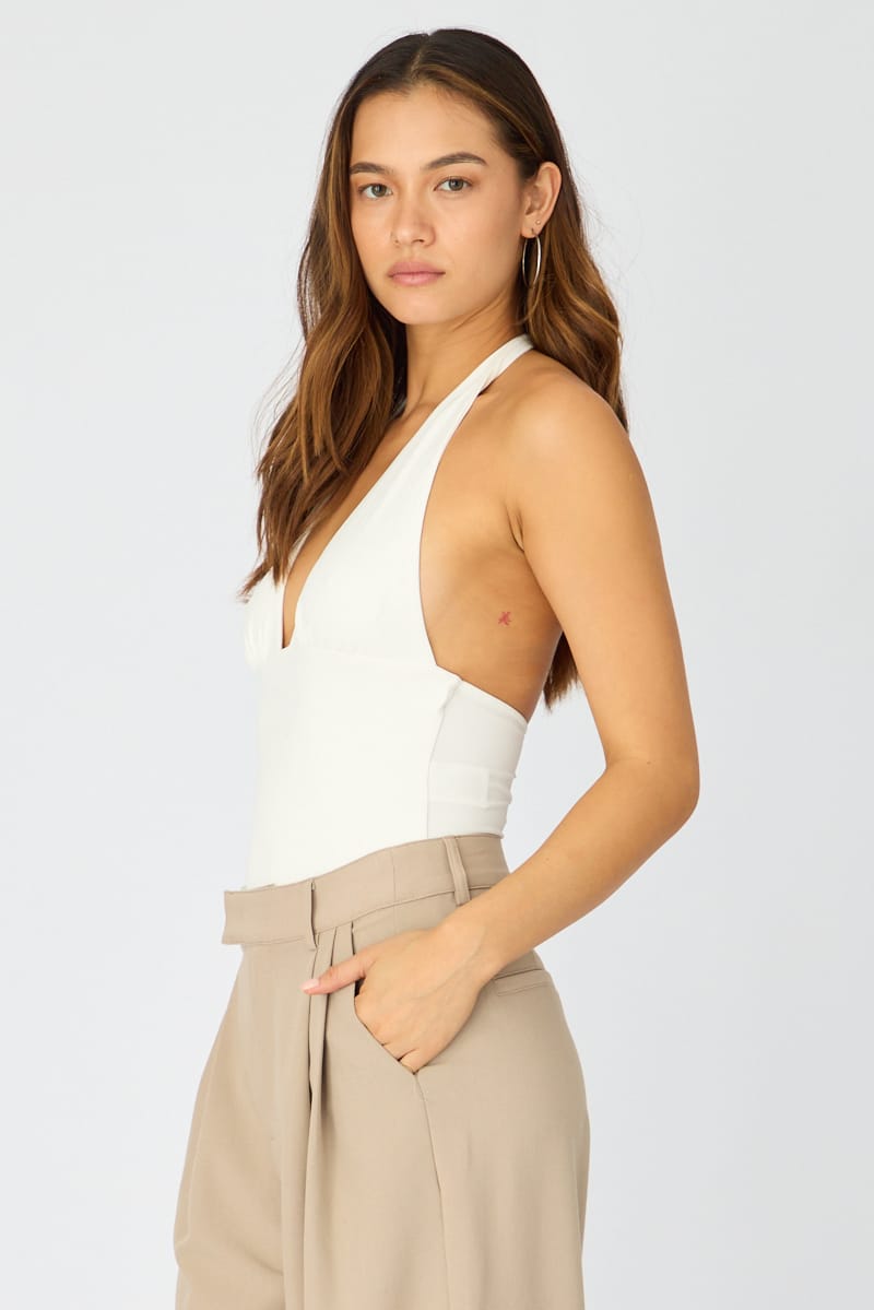 White Supersoft Bodysuit Sleeveless Vneck for Ally Fashion