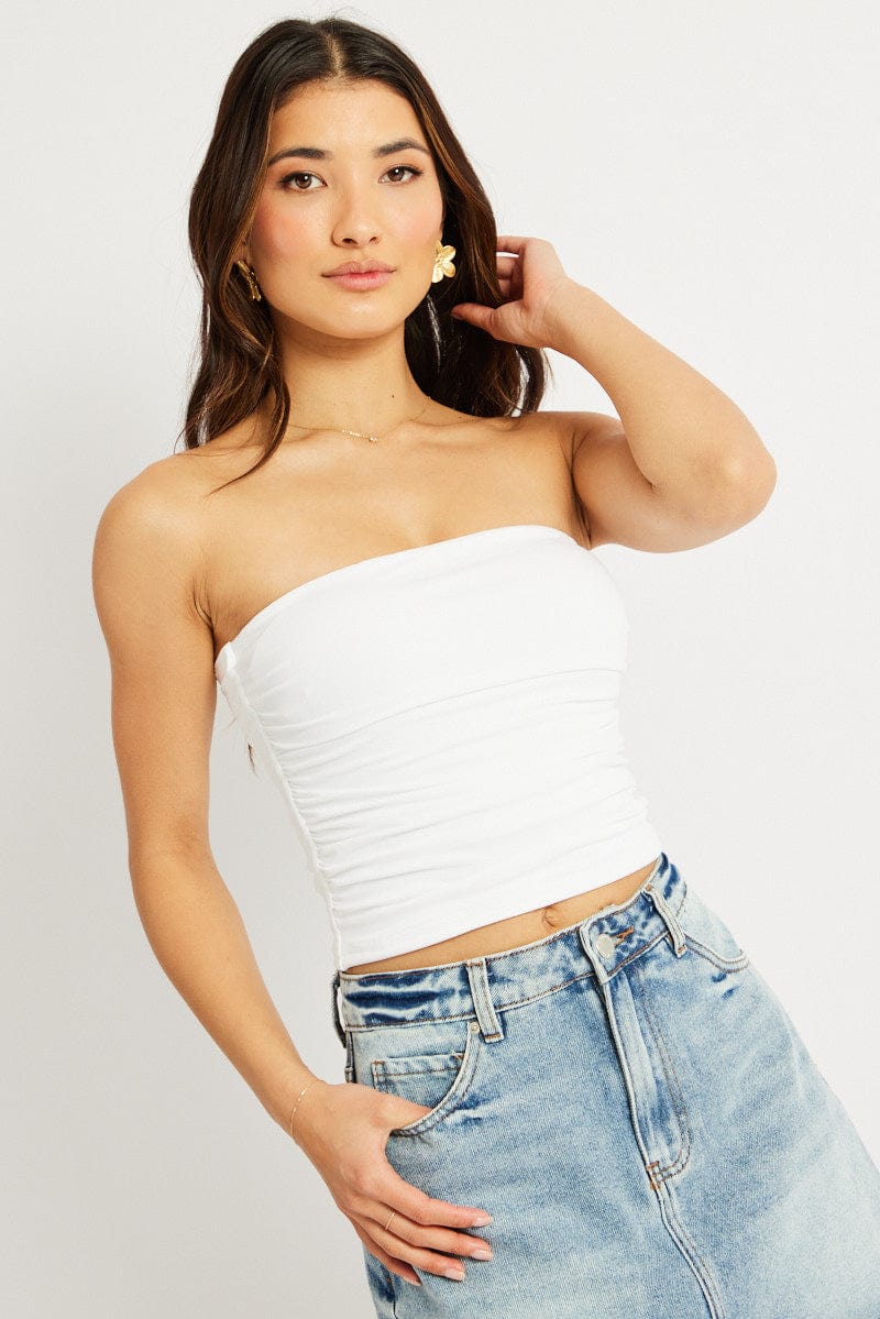 White Bandeau Top Side Rushed Supersoft | Ally Fashion