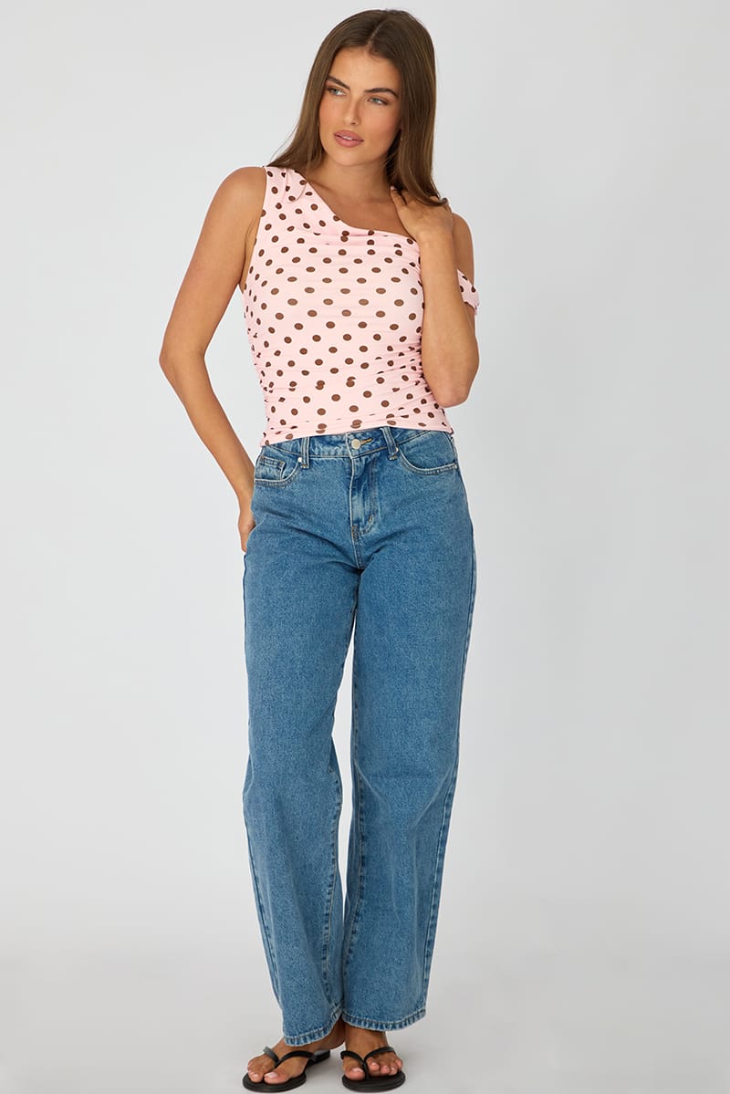Pink Polka Dot Supersoft Top Twist Off Shoulder for Ally Fashion