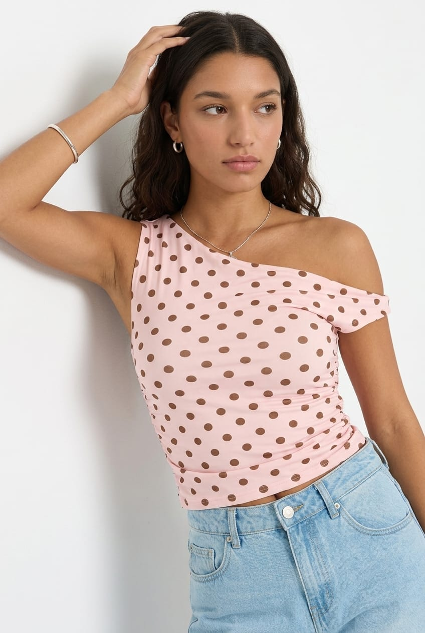 Pink Polka-Dot Supersoft Top Twist Off-Shoulder from Ally Fashion