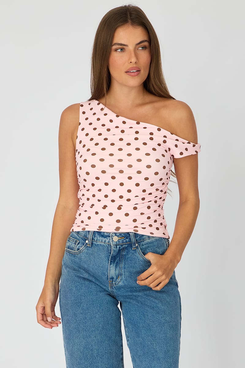 Pink Polka Dot Supersoft Top Twist Off Shoulder for Ally Fashion