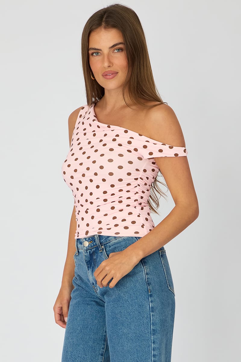 Pink Polka Dot Supersoft Top Twist Off Shoulder for Ally Fashion
