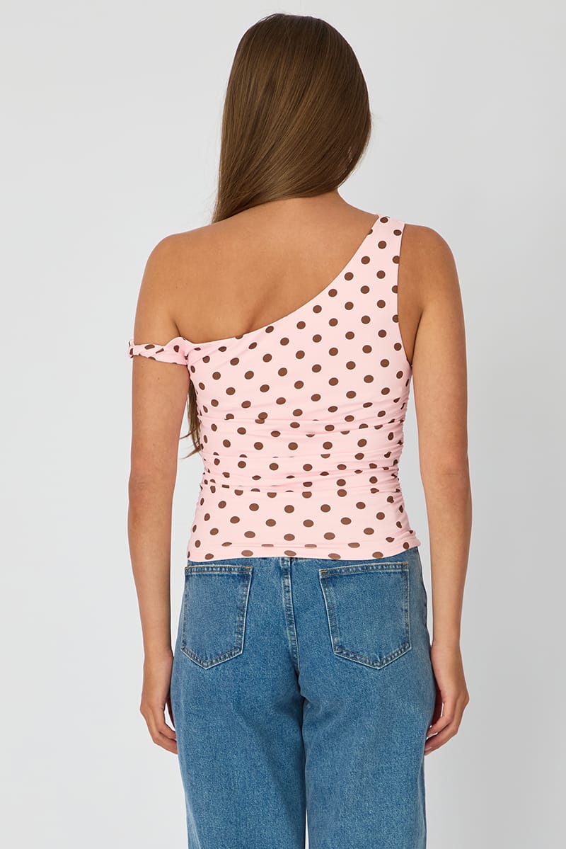 Pink Polka Dot Supersoft Top Twist Off Shoulder for Ally Fashion