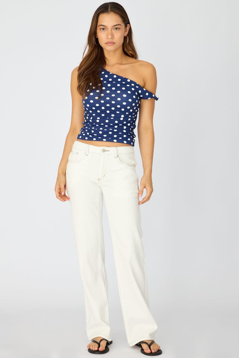 Blue Polka Dot Supersoft Top Twist Off Shoulder for Ally Fashion