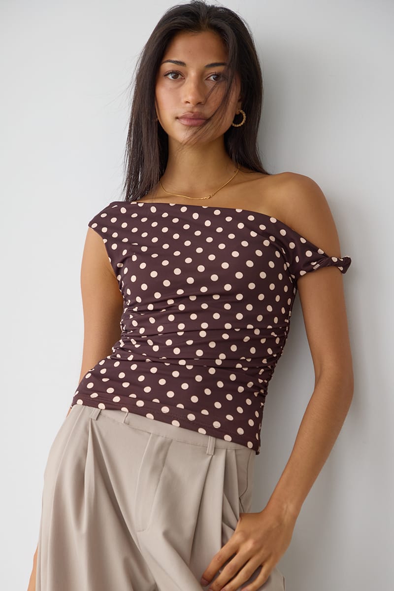 Brown Polka Dot One Shoulder Twist Top for Ally Fashion
