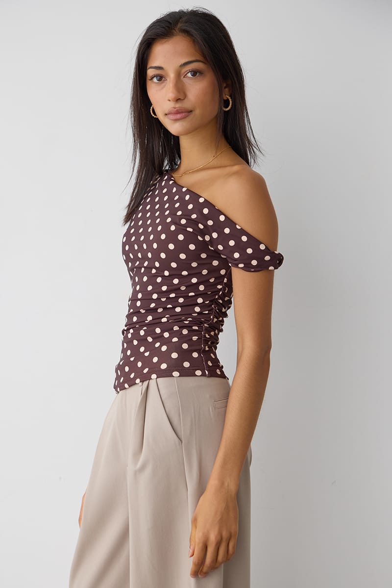 Brown Polka Dot One Shoulder Twist Top for Ally Fashion