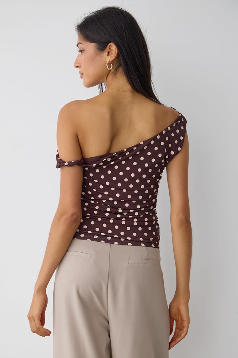 Brown Polka Dot One Shoulder Twist Top for Ally Fashion