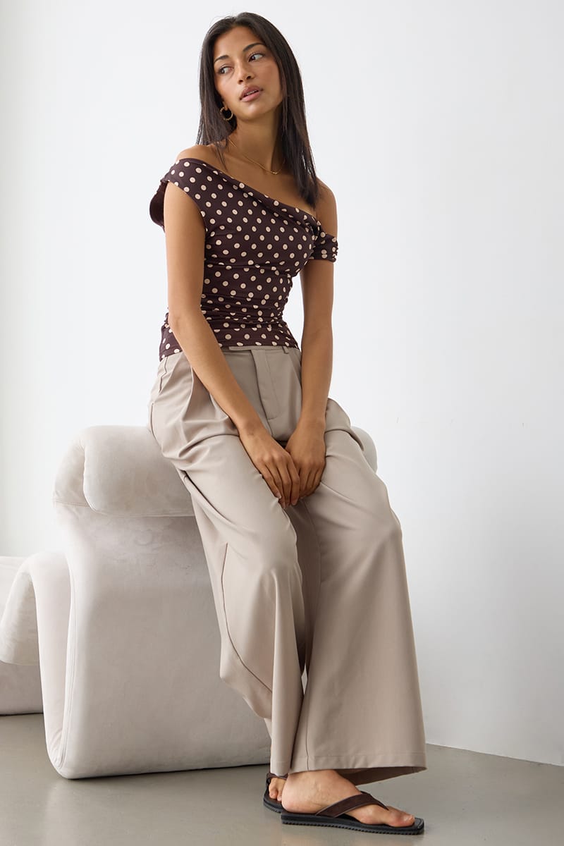 Brown Polka Dot One Shoulder Twist Top for Ally Fashion