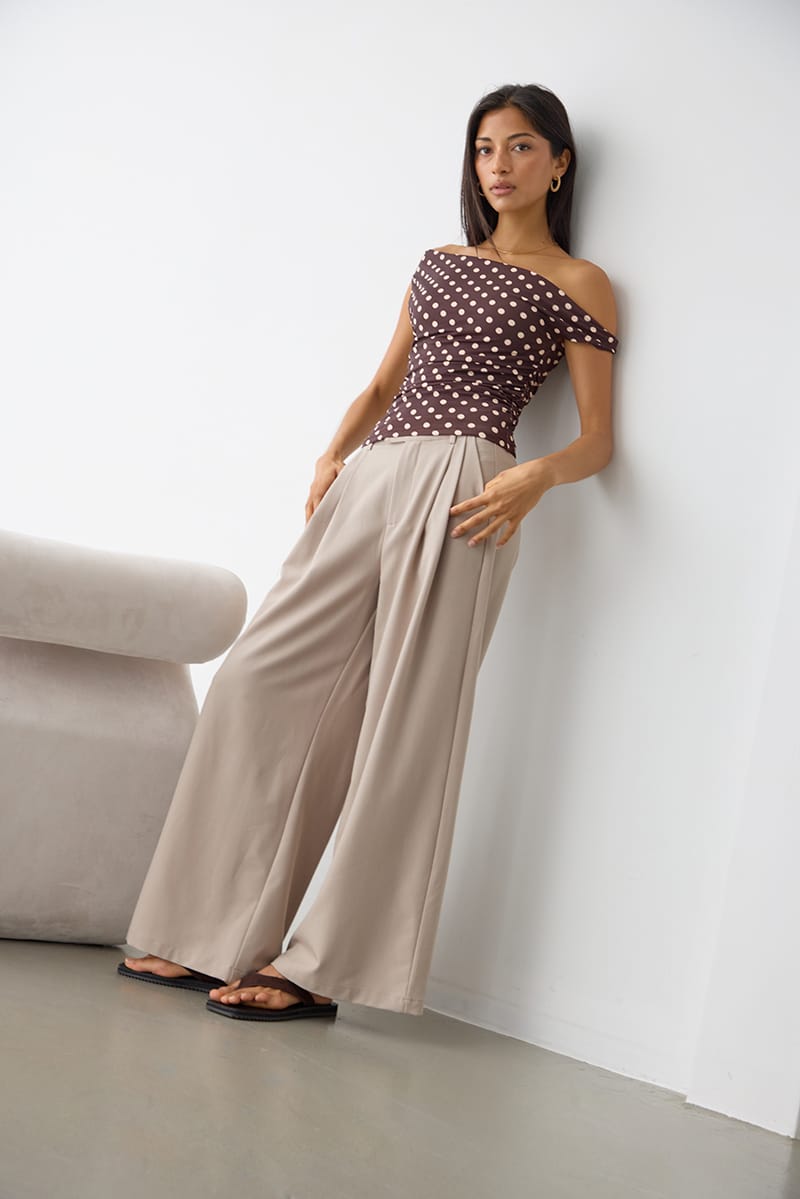 Brown Polka Dot One Shoulder Twist Top for Ally Fashion