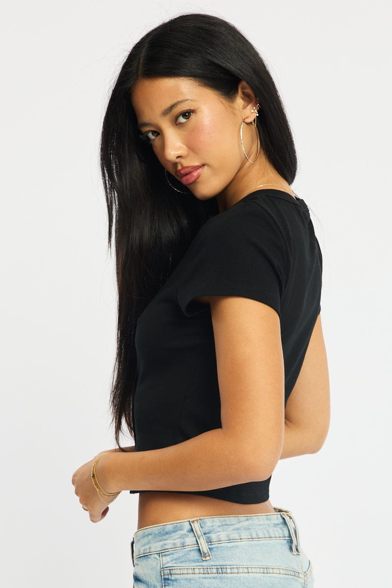 Black Button Front Top Short Sleeve for Ally Fashion