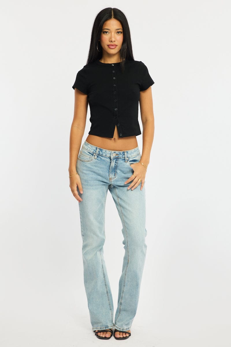 Black Button Front Top Short Sleeve for Ally Fashion