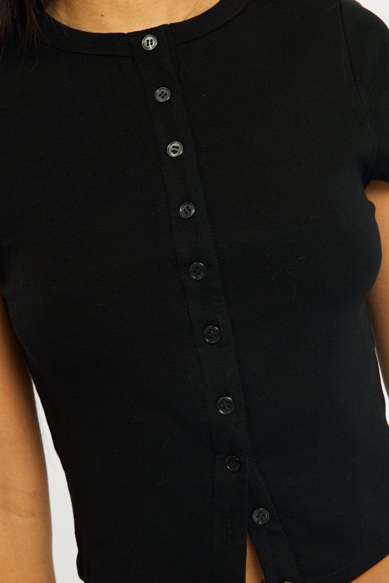 Black Button Front Top Short Sleeve for Ally Fashion