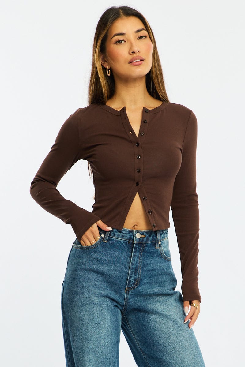 Brown Stripe Button Front Top Short Sleeve for Ally Fashion