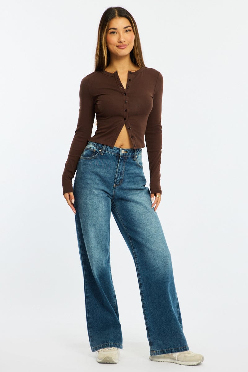 Brown Stripe Button Front Top Short Sleeve for Ally Fashion