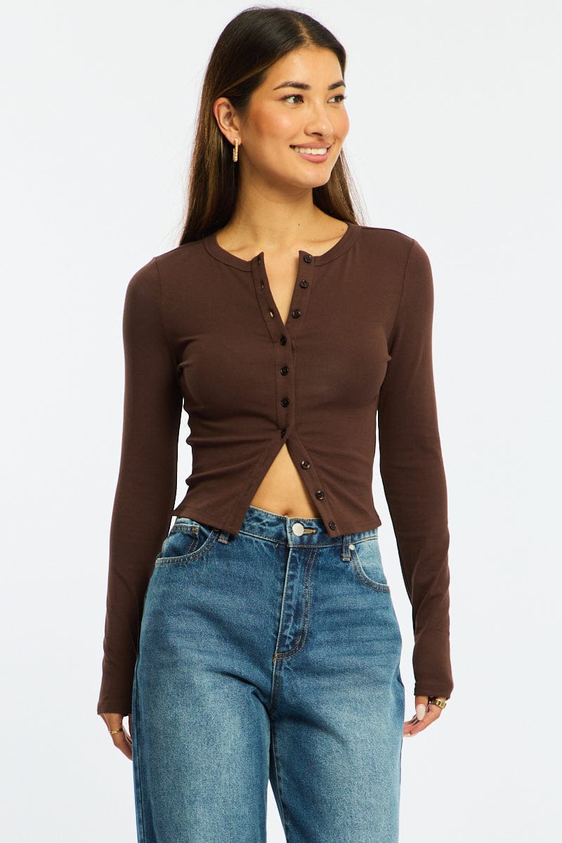 Brown Stripe Button Front Top Short Sleeve for Ally Fashion