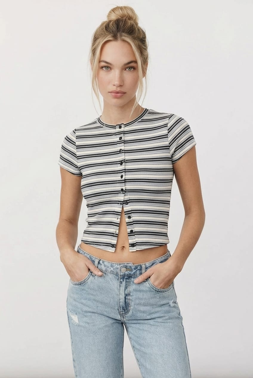 Blue Stripe Button Front Top Short Sleeve for Ally Fashion