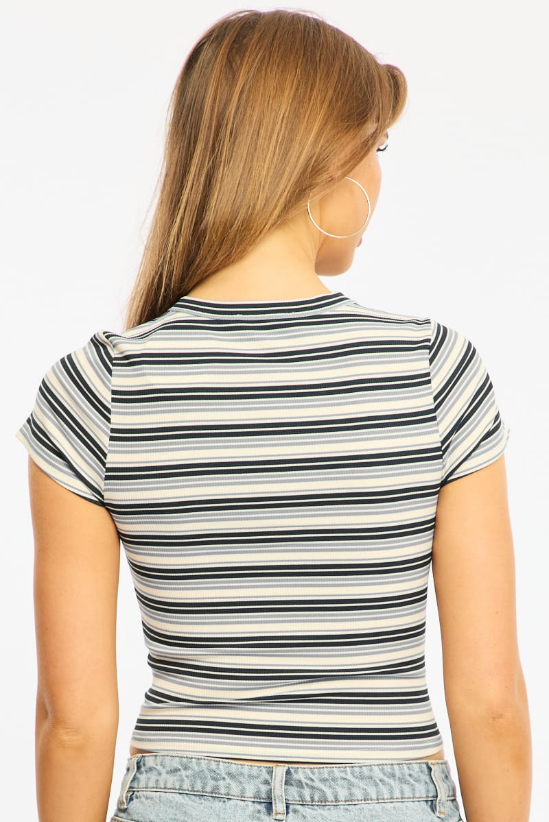 Blue Stripe Button Front Top Short Sleeve for Ally Fashion