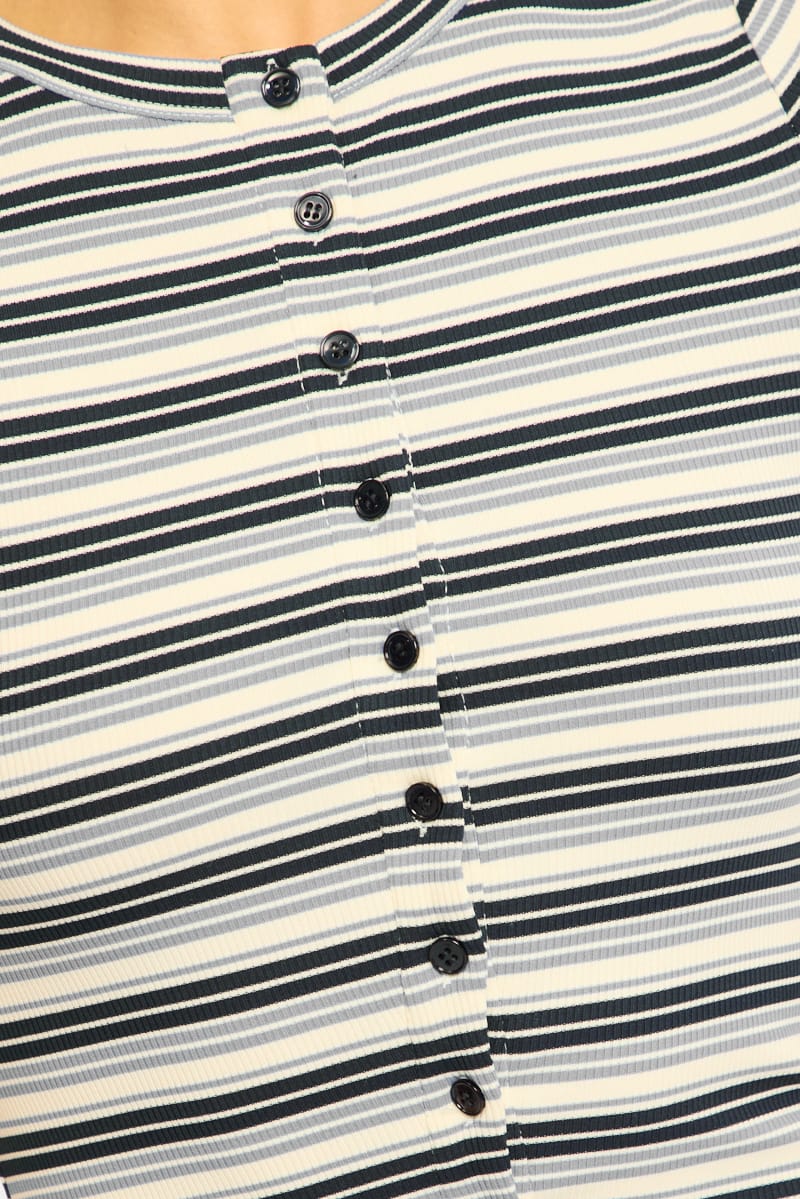 Blue Stripe Button Front Top Short Sleeve for Ally Fashion
