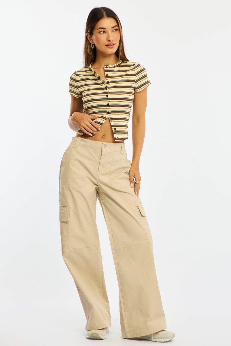 Yellow Stripe Button Front Top Short Sleeve for Ally Fashion