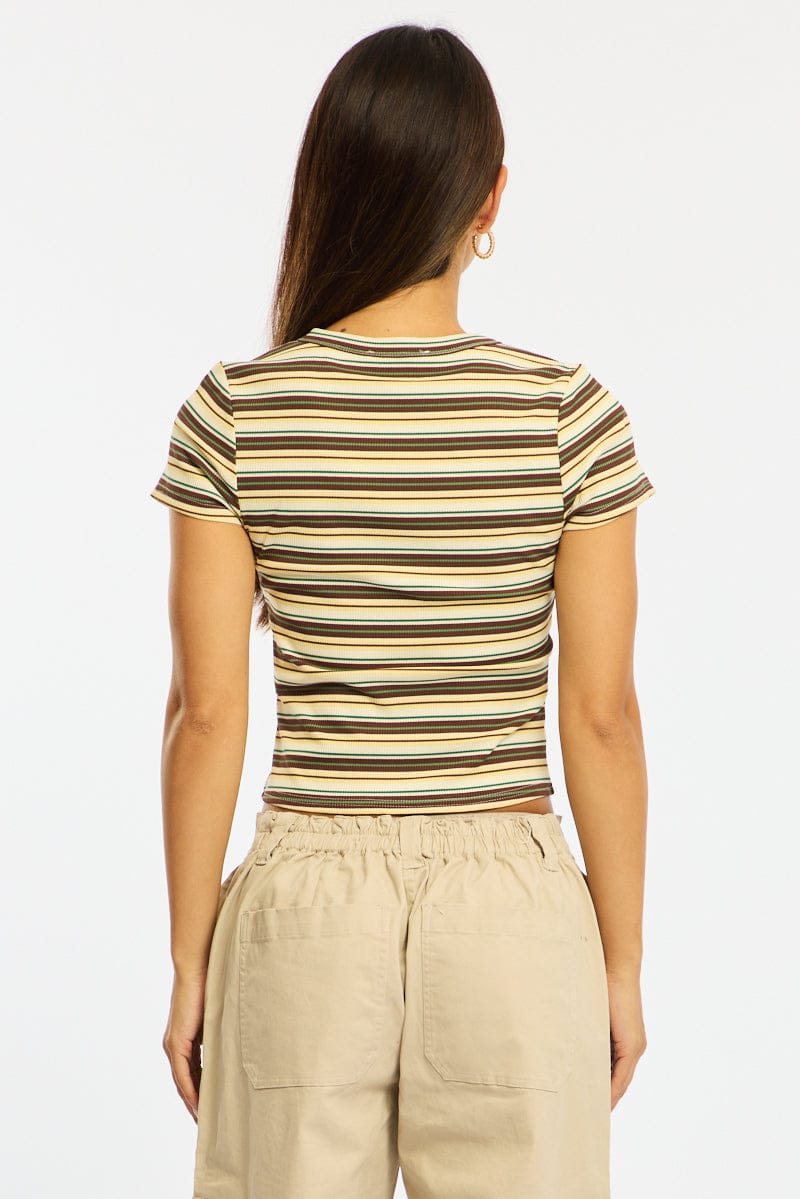 Yellow Stripe Button Front Top Short Sleeve for Ally Fashion