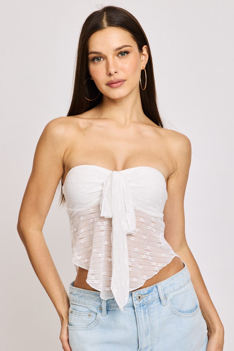 White Lace Bandeau Tie Up Front for Ally Fashion