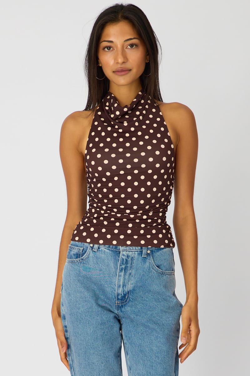 Brown Polka Dot Supersoft Halter Neck Top for Ally Fashion