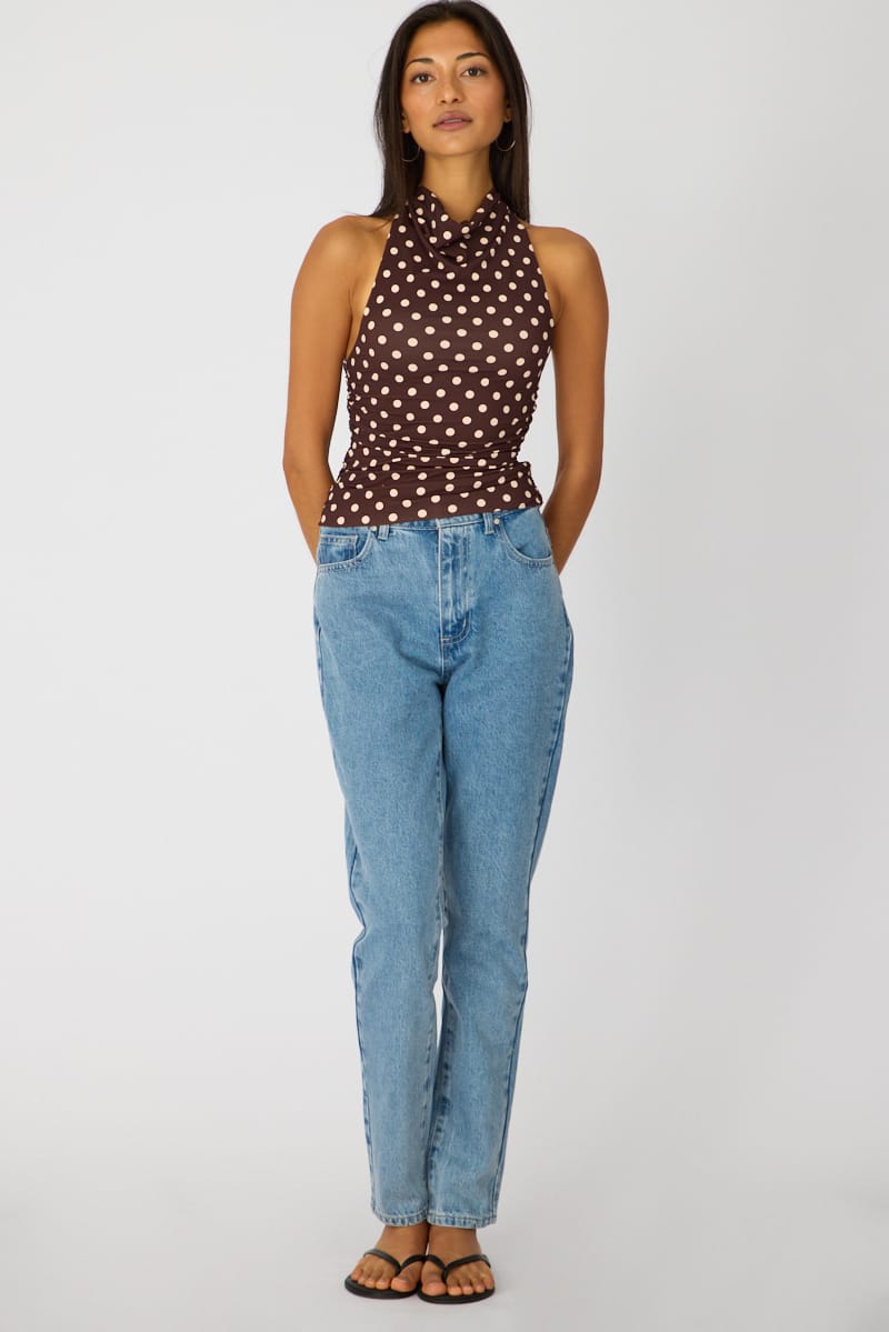 Brown Polka Dot Supersoft Halter Neck Top for Ally Fashion