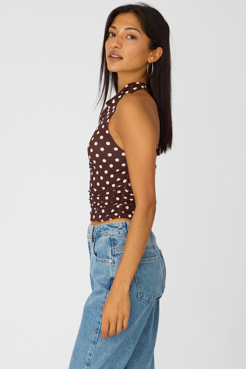 Brown Polka Dot Supersoft Halter Neck Top for Ally Fashion