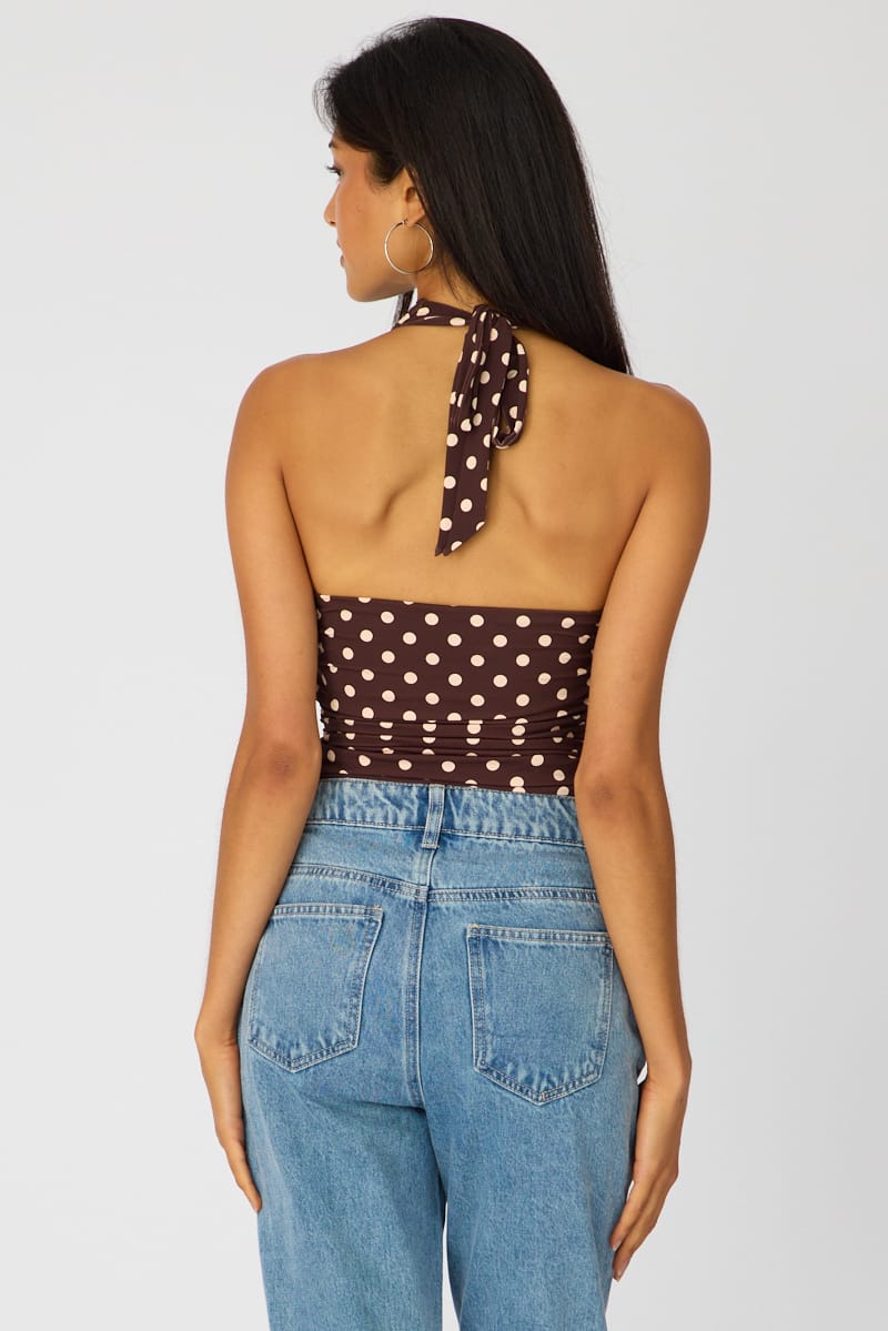 Brown Polka Dot Supersoft Halter Neck Top for Ally Fashion