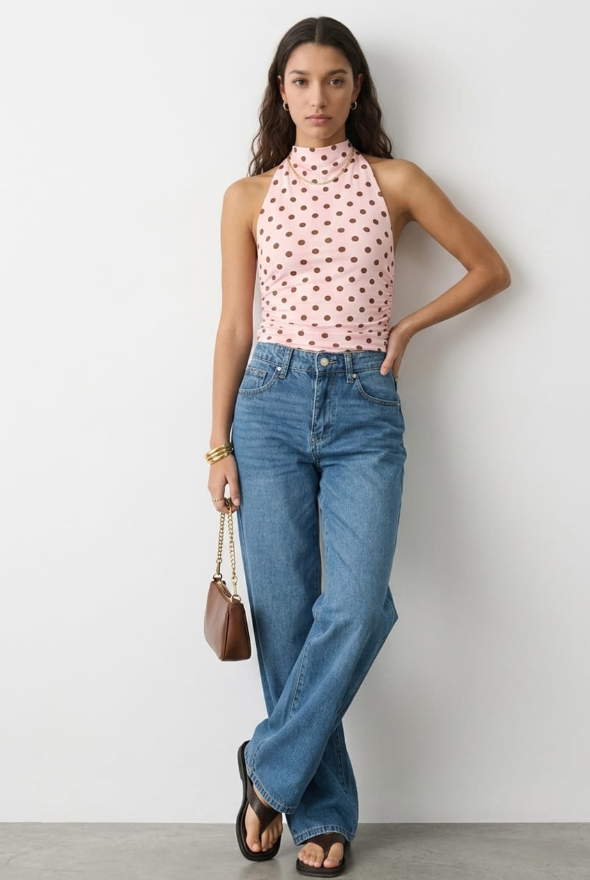 Pink Polka Dot Supersoft Halter Neck Top for Ally Fashion