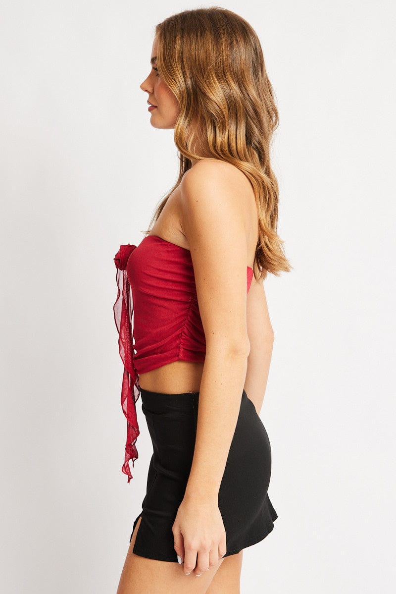 Red Bandeau Top Mesh Rosette for Ally Fashion