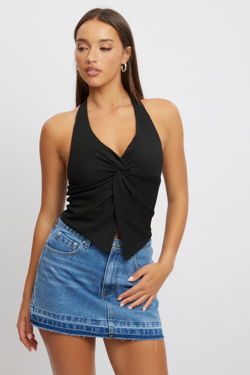 Black Halter Neck Top Textured for Ally Fashion